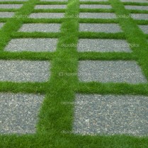 Manicured grass and stone tiles